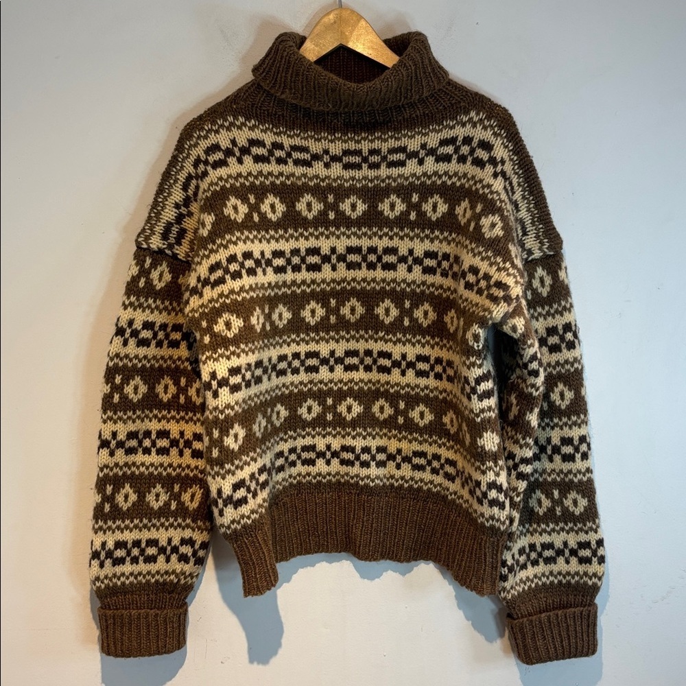 Handmade Brown Patterned wool Turtleneck Sweater size S/M - Picture 6 of 11